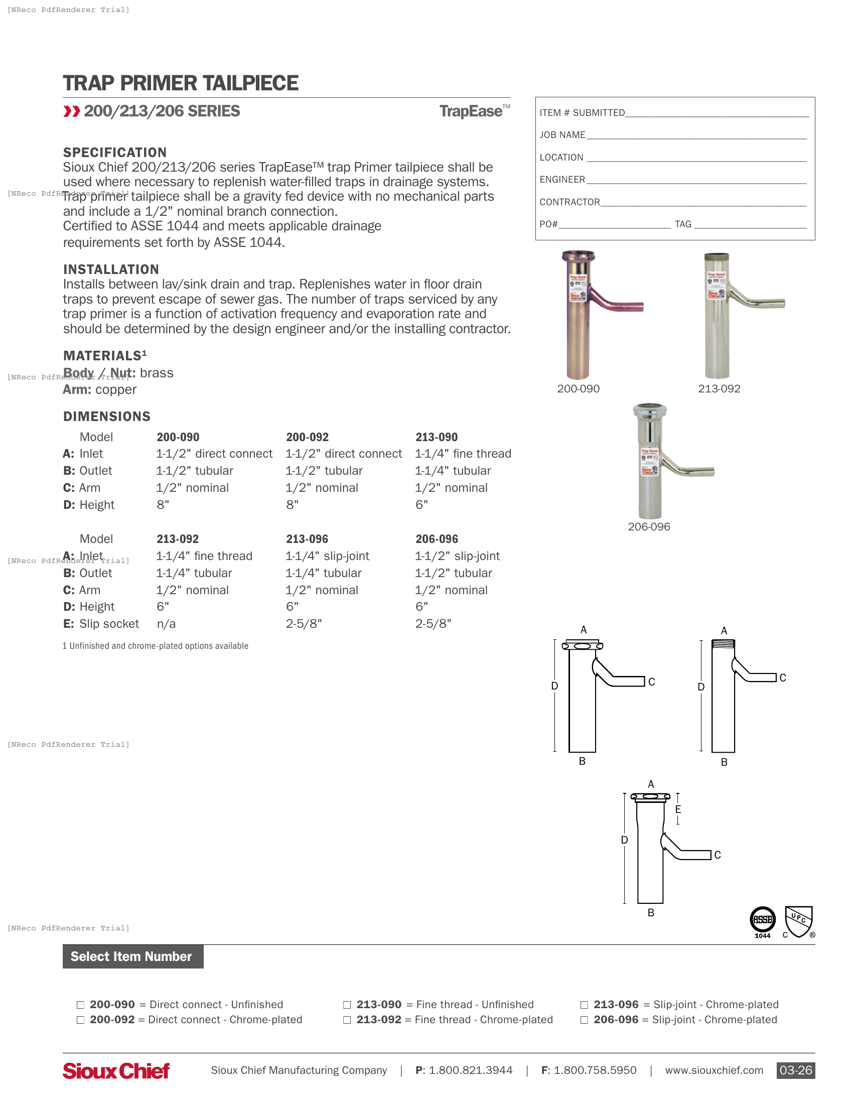 200 213 206 SERIES - TRAPEASE TAILPIECE - SPEC SHEET.PDF Specification Document